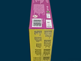 a pink box that has a yellow label on it