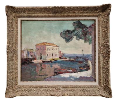 an image of a painting of a house on the water