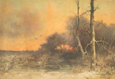 painting of a painting of a landscape with trees and a river