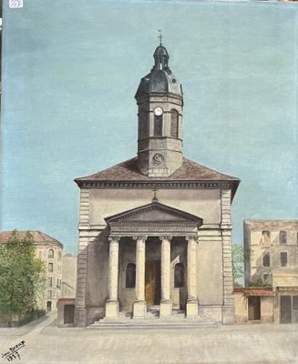 a painting of a building with a clock on it