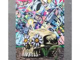 painting of a skull with a flower in its mouth sitting on a sidewalk