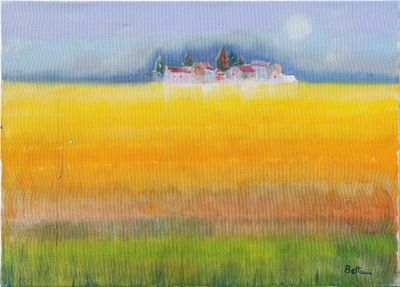 a painting of a yellow field with houses in the distance