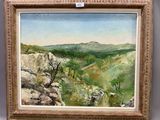 an oil painting of a view of a mountain with a valley in the foreground