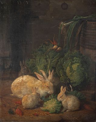 Hippolyte COTE (Brest, 1816-1874). "Famille de lapins dégust… - Photo 1