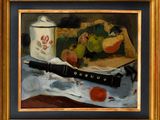 a painting of a still life with fruit and a knife