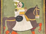 an old painting of a man riding a horse in a field