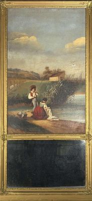 tableau représentant un couple et un chien au bord d'une rivière, avec une maison en arrière-plan