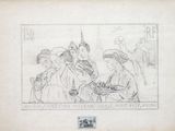 un vieux dessin représentant un groupe de personnes assises autour d'une table