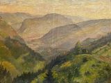 painting of a view of a valley with hills in the distance