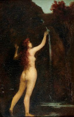 an image of a painting of a nude woman standing in a stream