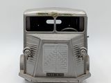 an image of a silver toy car with a window on a white background