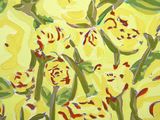painting of yellow roses in a vase on a yellow background