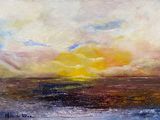 une peinture à l'huile représentant un coucher de soleil sur une étendue d'eau