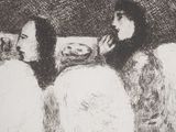 a black and white drawing of a woman sitting on a couch