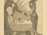 un vieux dessin en noir et blanc représentant un homme en train de servir à manger à un groupe de personnes