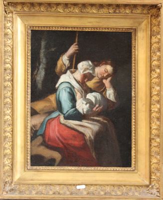 an old painting of a woman holding a child in her lap