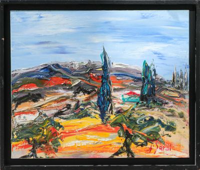 an oil painting of a landscape with trees and mountains in the background