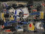 tableau représentant une œuvre abstraite dans des tons de noir et de bleu, avec des formes rouges, jaunes et bleues