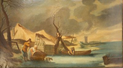 une image d'une peinture représentant des personnes sur un bateau dans l'eau