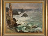 an oil painting of a rocky coast with a cliff in the background