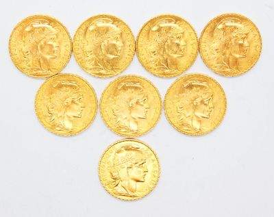 Lot de huit pièces de 20 francs or Marianne / Coq, 1908. 51,… - Photo 1