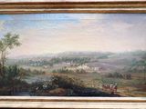 une peinture à l'huile représentant un paysage avec une vue sur une ville