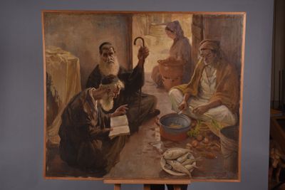 a painting of a man holding a picture of a group of people