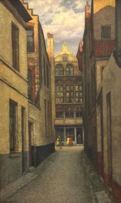 a painting of a street with buildings on both sides of it