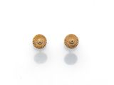 a pair of gold earrings on a white background