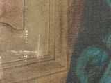 painting of a woman in a blue dress with a green scarf