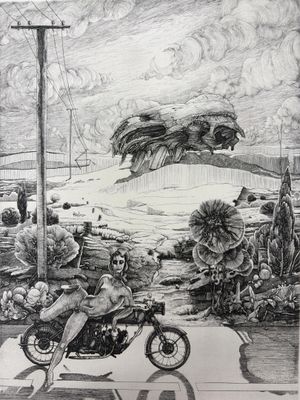 un dessin représentant un homme qui roule à moto dans la rue