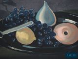 a painting of a plate of fruit on a table