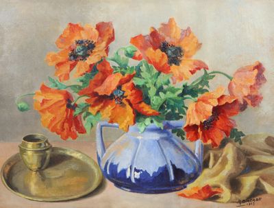 a painting of a blue vase with orange flowers in it