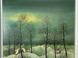 tableau représentant un paysage hivernal avec des personnages dans la neige et un oiseau dans le ciel