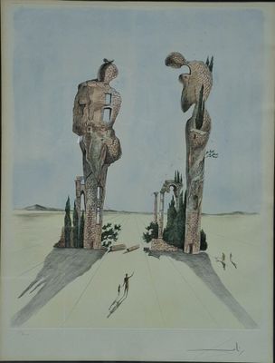 painting of two sculptures in a field with trees and a sky in the background
