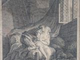 drawing of a woman sitting on a bed with a dog in her lap