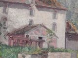 painting of a white house with a red roof next to a body of water