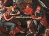 painting of a group of people sitting around a table with a cow