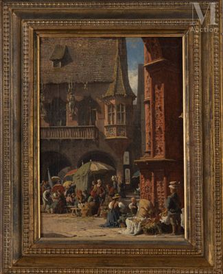 une image représentant une peinture d'une scène de rue avec des personnes devant un bâtiment