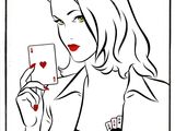 a black and white drawing of a woman holding a playing card