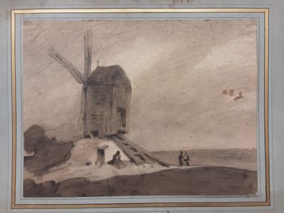 "Paysage au moulin". Ecole française du XIXème siècle.