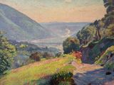 painting of a view of a valley with hills and trees in the distance