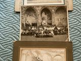 two old photos of people sitting in front of a building on a bed