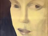 painting of a woman ' s face with a dark background