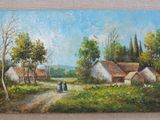 painting of a woman walking down a dirt road past a village