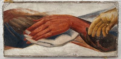 une peinture représentant deux mains qui se touchent sur un mur