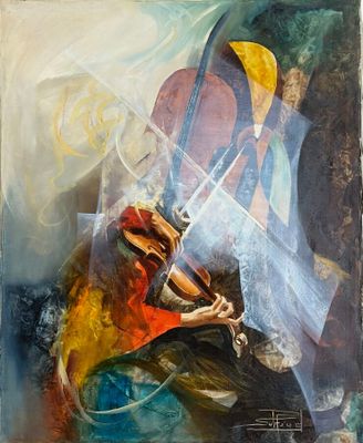une peinture abstraite représentant un homme jouant du violon sur une scène