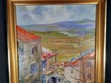 a painting of a view of a town from a window