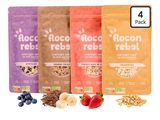 quatre sachets de granola et de fruits sont posés les uns à côté des autres