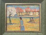 painting of a woman in a blue dress standing in a field with a dog